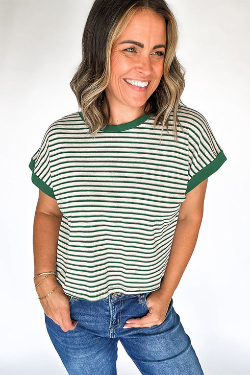 Green Stripe Trimmed Round Neck Plus Size Boxy Fit T-shirt