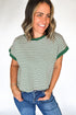 Green Stripe Trimmed Round Neck Plus Size Boxy Fit T-shirt