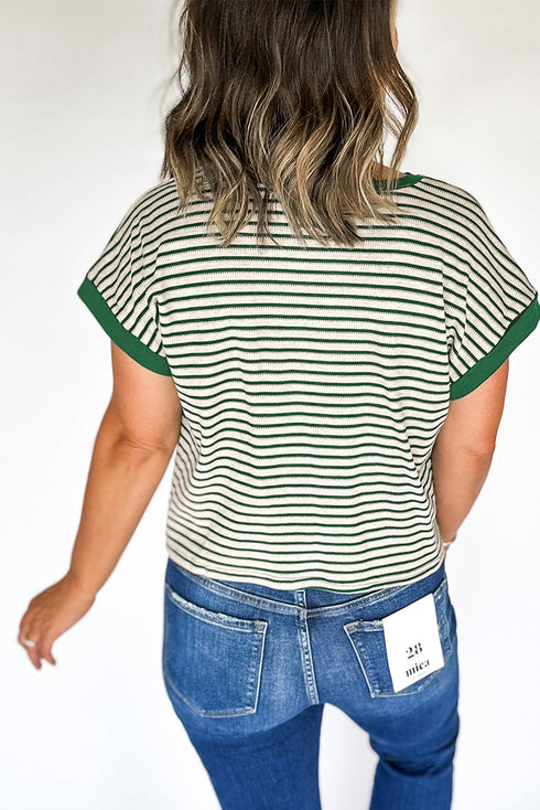 Green Stripe Trimmed Round Neck Plus Size Boxy Fit T-shirt