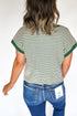 Green Stripe Trimmed Round Neck Plus Size Boxy Fit T-shirt