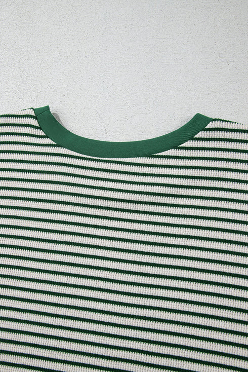 Green Stripe Trimmed Round Neck Plus Size Boxy Fit T-shirt