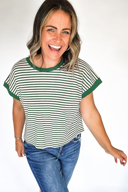 Green Stripe Trimmed Round Neck Plus Size Boxy Fit T-shirt