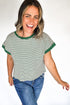 Green Stripe Trimmed Round Neck Plus Size Boxy Fit T-shirt