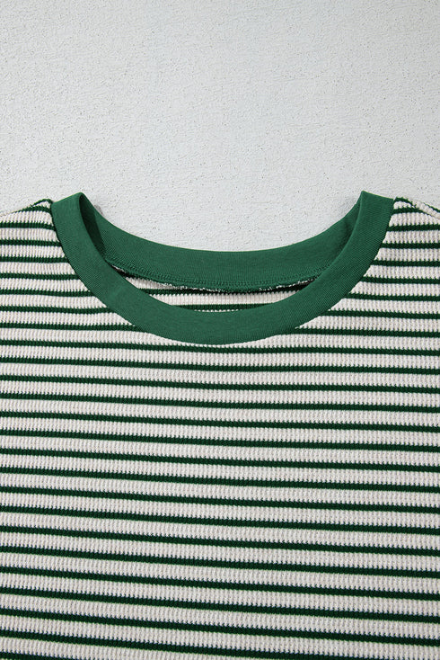 Green Stripe Trimmed Round Neck Plus Size Boxy Fit T-shirt