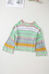 Green Striped Bell Sleeves Loose Sweater