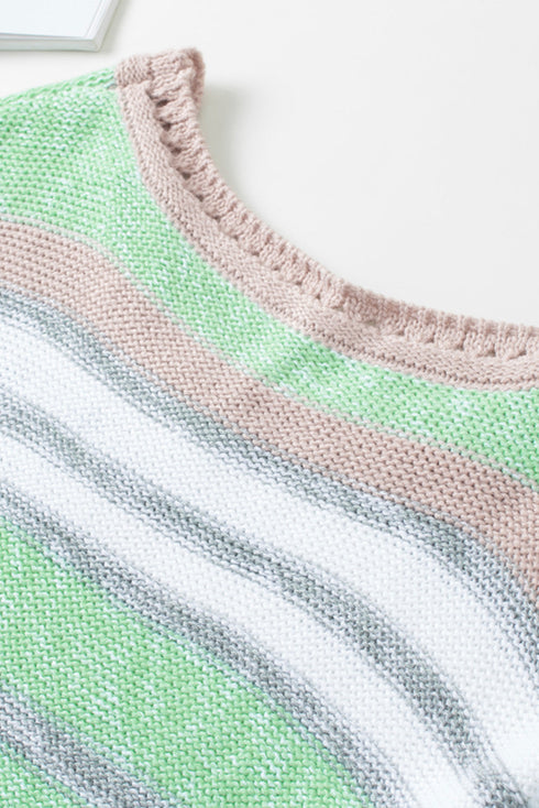 Green Striped Bell Sleeves Loose Sweater