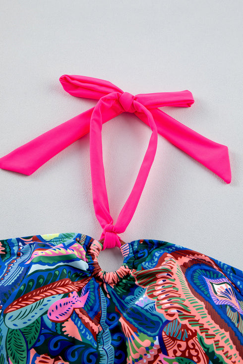 Green Tropical Print Halter Tankini with Swim Shorts