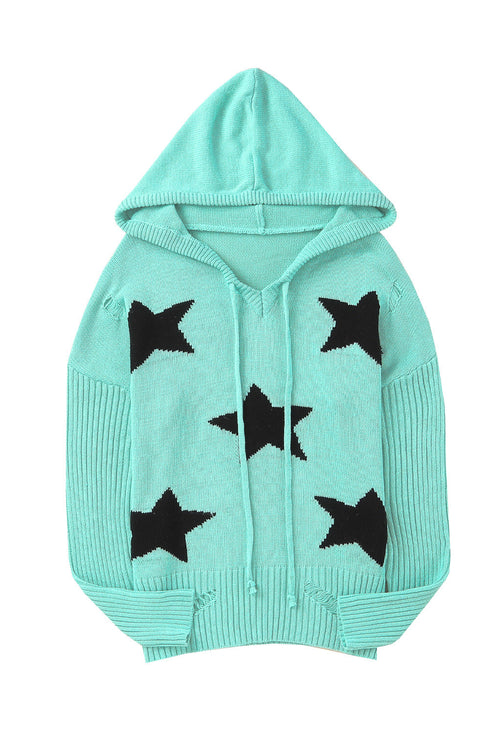 Green V Neck Star Pattern Hooded Sweater With Slits