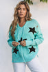 Green V Neck Star Pattern Hooded Sweater With Slits