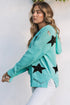 Green V Neck Star Pattern Hooded Sweater With Slits