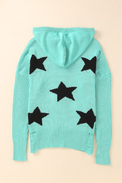 Green V Neck Star Pattern Hooded Sweater With Slits