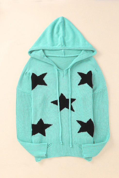 Green V Neck Star Pattern Hooded Sweater With Slits