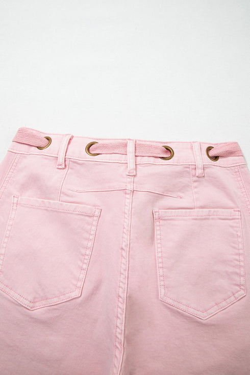 Grommet Knot Waist Detail Curved Barrel Jeans