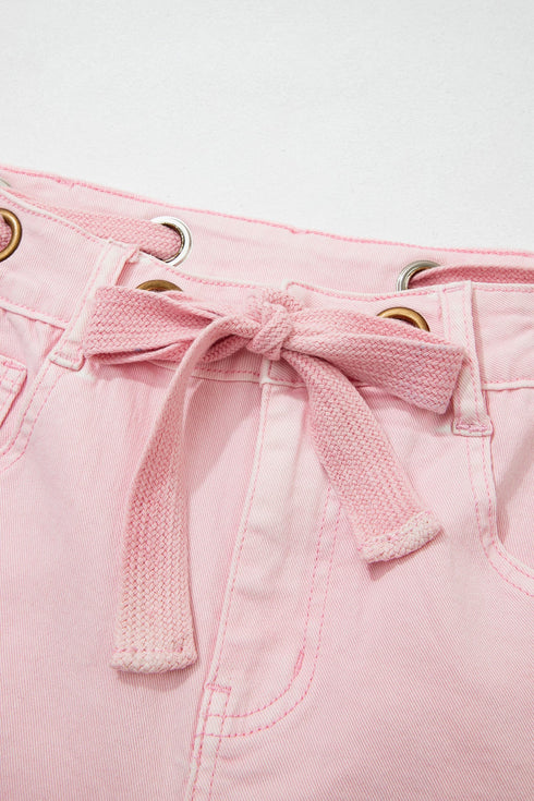 Grommet Knot Waist Detail Curved Barrel Jeans
