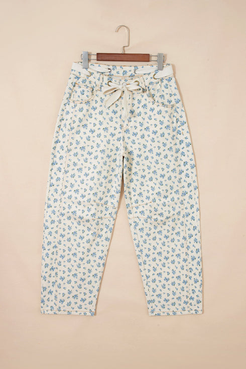 Grommet Knot Waist Floral Barrel Leg Jeans