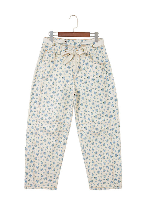 Grommet Knot Waist Floral Barrel Leg Jeans
