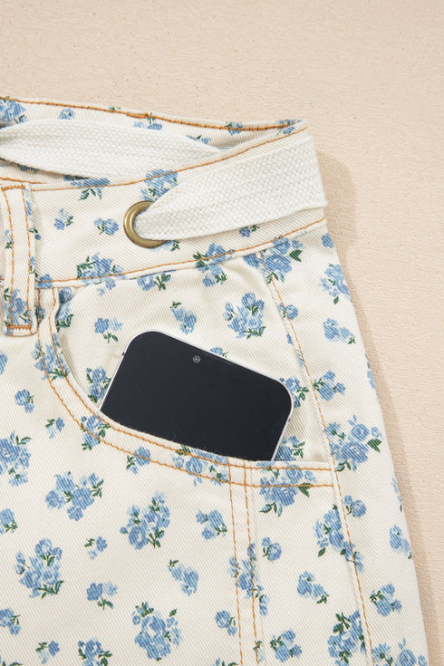 Grommet Knot Waist Floral Barrel Leg Jeans