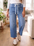 Grommet Tie Waist Patchwork Loose Ankle Length Jeans