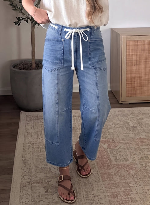 Grommet Tie Waist Patchwork Loose Ankle Length Jeans