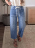 Grommet Tie Waist Patchwork Loose Ankle Length Jeans