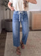 Grommet Tie Waist Patchwork Loose Ankle Length Jeans