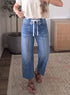 Grommet Tie Waist Patchwork Loose Ankle Length Jeans