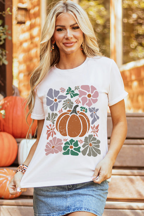 Groovy Autumn Blooms Pumpkin Graphic Art Casual Tee Shirt