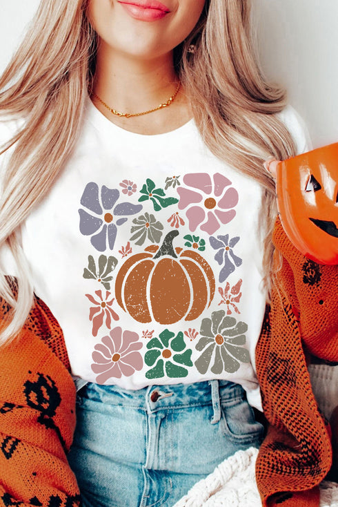 Groovy Autumn Blooms Pumpkin Graphic Art Casual Tee Shirt