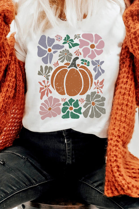Groovy Autumn Blooms Pumpkin Graphic Art Casual Tee Shirt