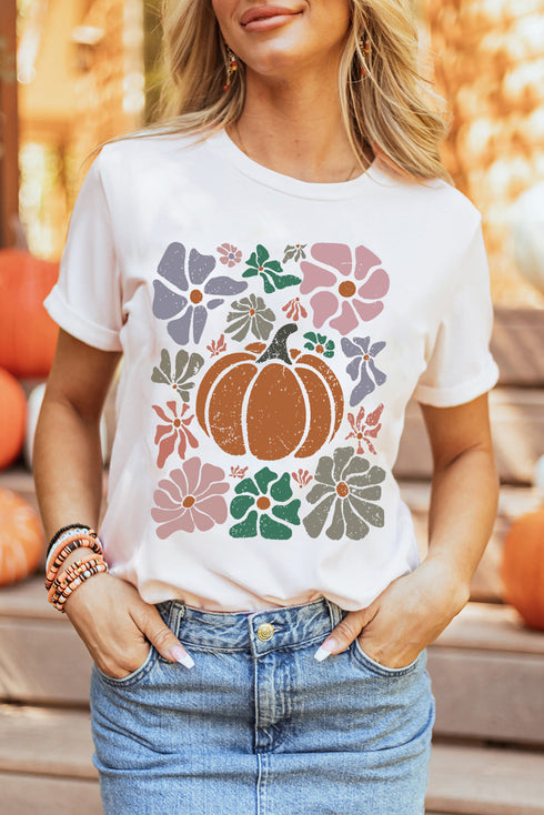 Groovy Autumn Blooms Pumpkin Graphic Art Casual Tee Shirt