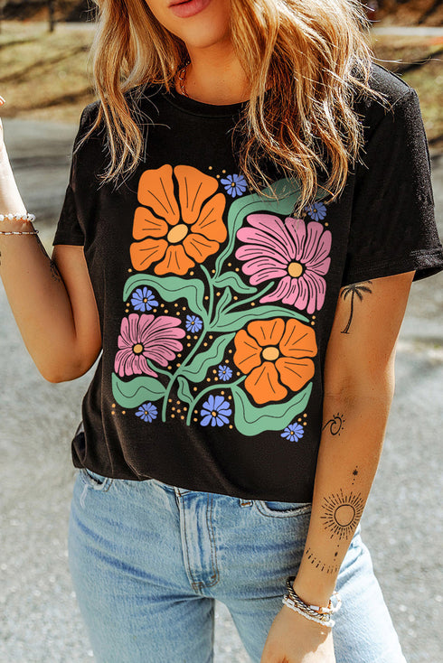 Groovy Blooms Retro 70s Inspired Floral Graphic T Shirt