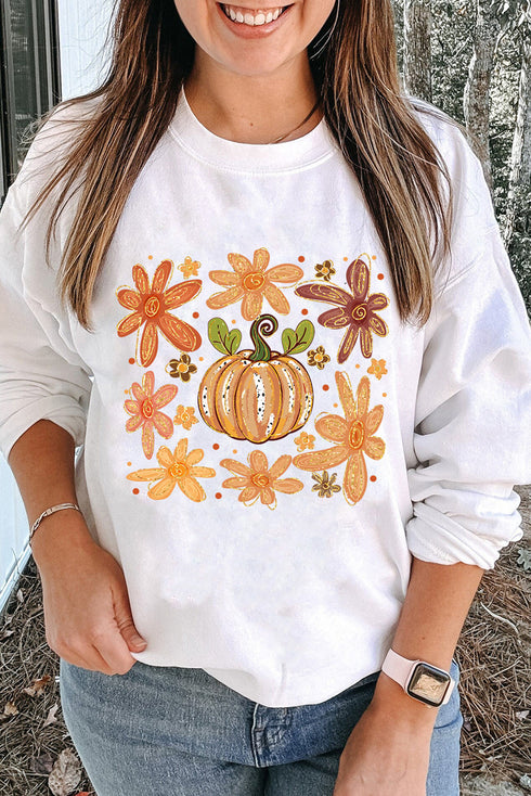 Groovy Retro Floral Print Pumpkin Graphic Crewneck Sweatshirt