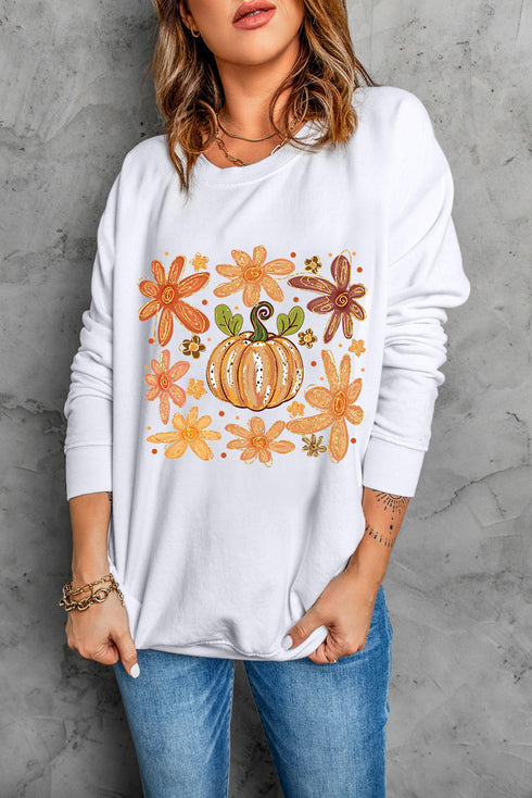 Groovy Retro Floral Print Pumpkin Graphic Crewneck Sweatshirt