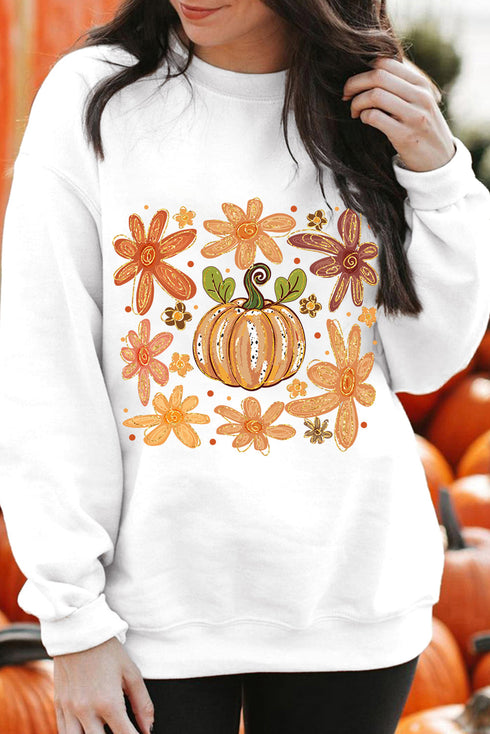 Groovy Retro Floral Print Pumpkin Graphic Crewneck Sweatshirt