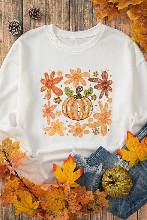 Groovy Retro Floral Print Pumpkin Graphic Crewneck Sweatshirt