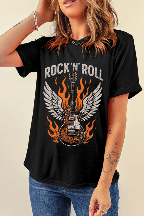 Guitar Wings Slogan Print Crew Neck Jersey Tee