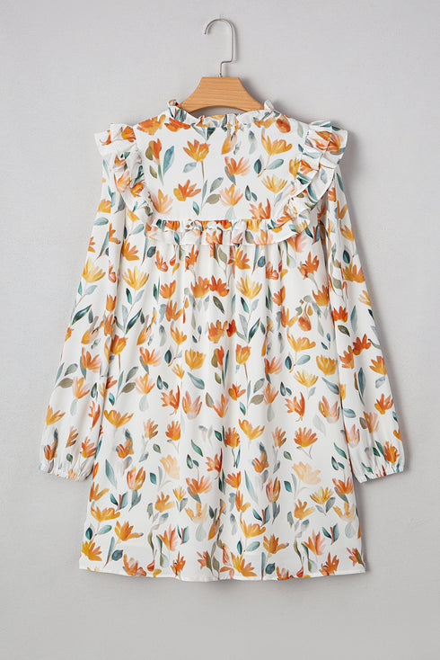 H Line Frilled Tie Neck Long Sleeve Floral Dress