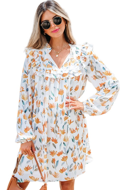 H Line Frilled Tie Neck Long Sleeve Floral Dress