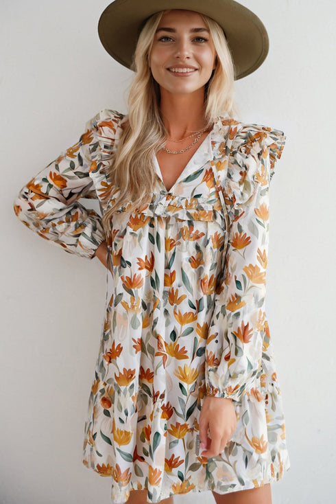 H Line Frilled Tie Neck Long Sleeve Floral Dress
