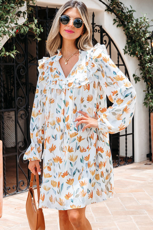 H Line Frilled Tie Neck Long Sleeve Floral Dress