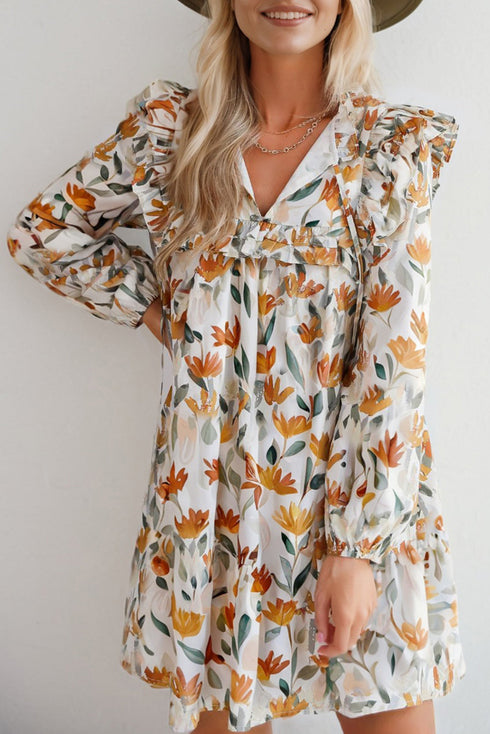 H Line Frilled Tie Neck Long Sleeve Floral Dress