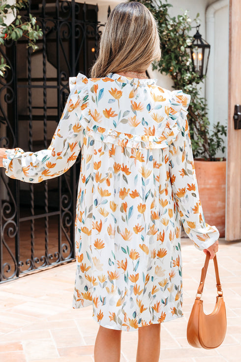 H Line Frilled Tie Neck Long Sleeve Floral Dress