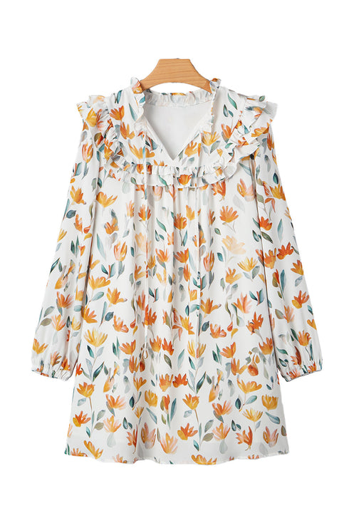 H Line Frilled Tie Neck Long Sleeve Floral Dress