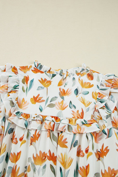 H Line Frilled Tie Neck Long Sleeve Floral Dress