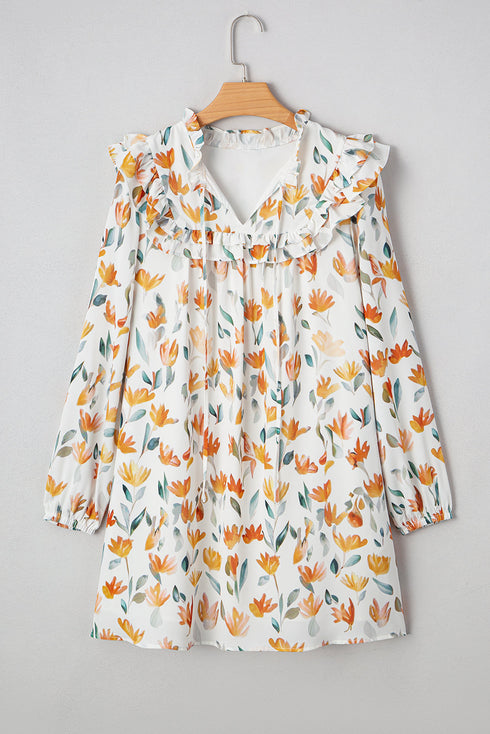 H Line Frilled Tie Neck Long Sleeve Floral Dress