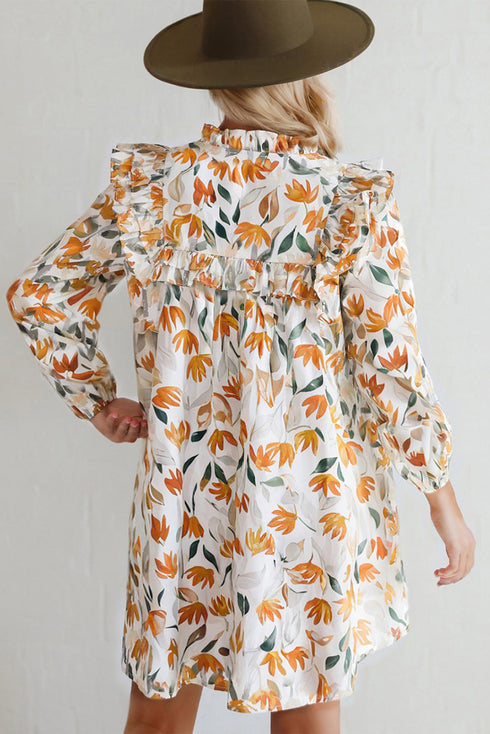 H Line Frilled Tie Neck Long Sleeve Floral Dress