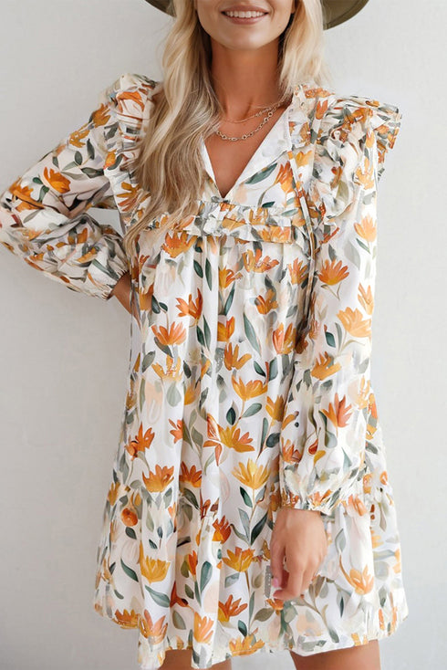 H Line Frilled Tie Neck Long Sleeve Floral Dress