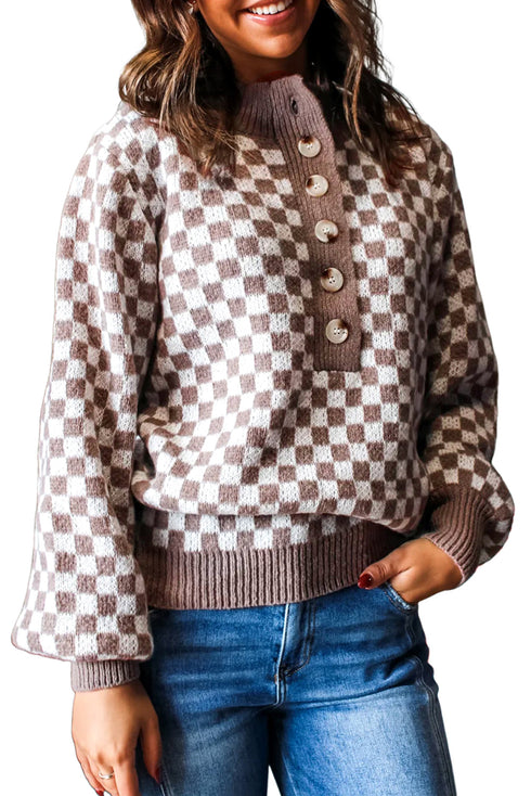 Half Button Mock Neck Checkerboard Drop Shoulder Rib Trim Knit Sweater