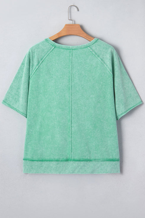 Half Button Raw Seam Raglan Sleeve Mineral Wash Tee
