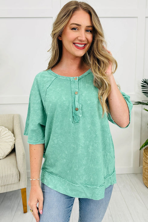 Half Button Raw Seam Raglan Sleeve Mineral Wash Tee